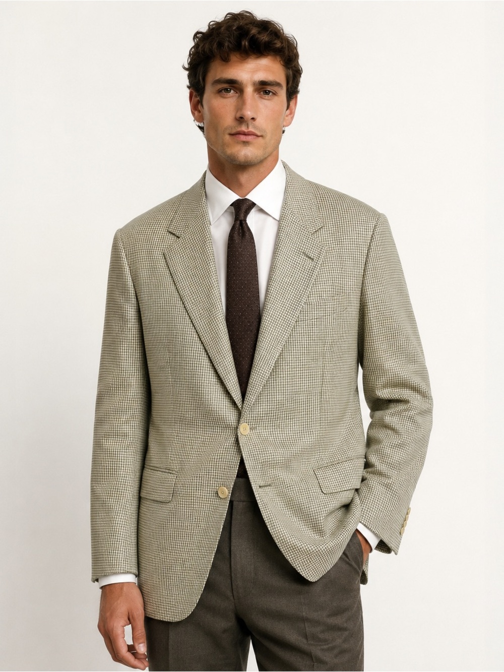 Adolfo Silk & Wool Houndstooth Two-Button Blazer in Neutral Earth Tones Size 44L